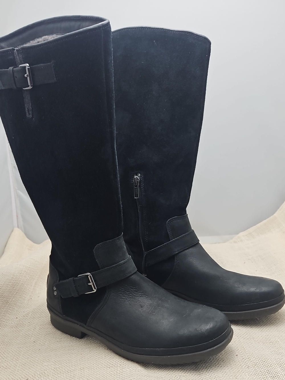 Women's Ugg -Black suede & leather Tall Buckle Riding Boots
